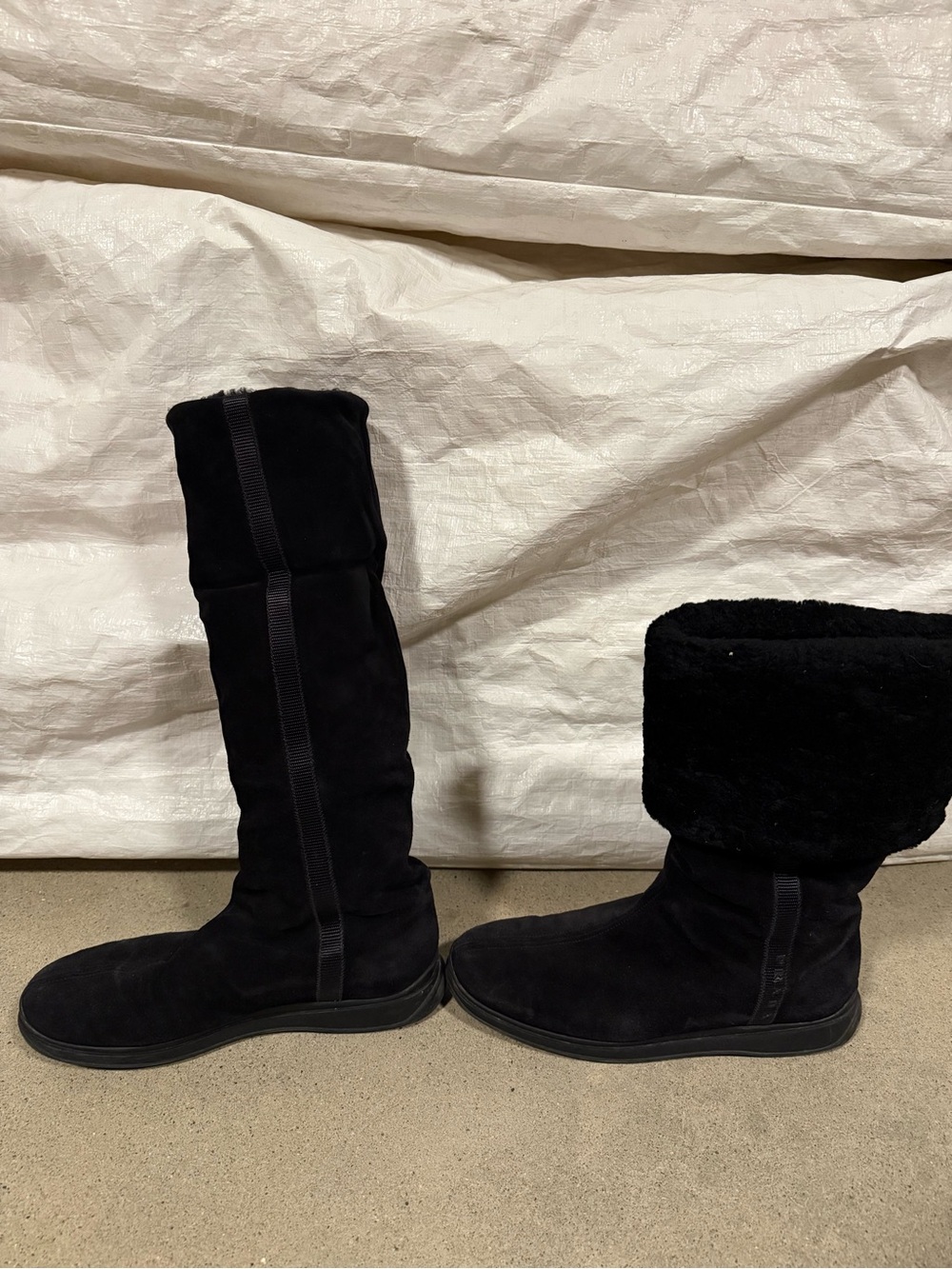 Prada Black Suede Mid-Calf Boots with Faux-Fur Cuff - Picture 7 of 8